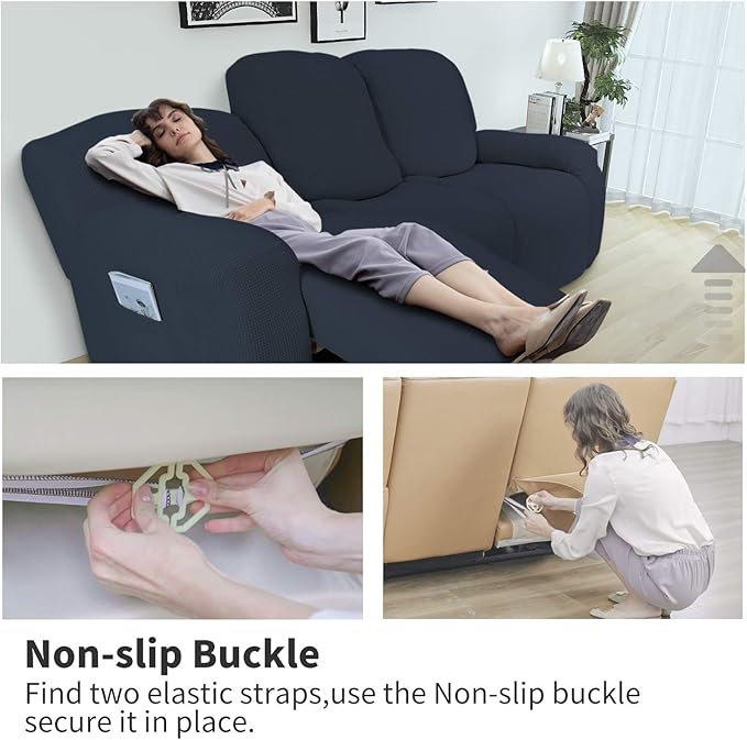 Easy-Going 8 Pieces Recliner Sofa Stretch Sofa Slipcover Sofa Cover Furniture Protector Couch Soft with Elastic Bottom Kids, Spandex Jacquard Fabric Small Checks Dark Blue