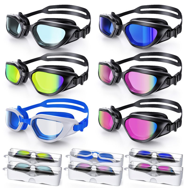 Vegemono Swim Goggles, 6 Pack Unisex Adult Swimming Goggles Upgraded Anti-Fog Anti UV No Leakage Wide View for Men Women Youth