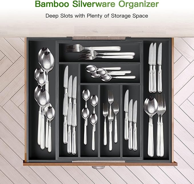 Pipishell Bamboo Expandable Drawer Organizer for Utensils Holder, Adjustable Cutlery Tray, Wood Drawer Dividers Organizer for Silverware, Flatware, Knives in Kitchen, Bedroom, Living Room (Black)