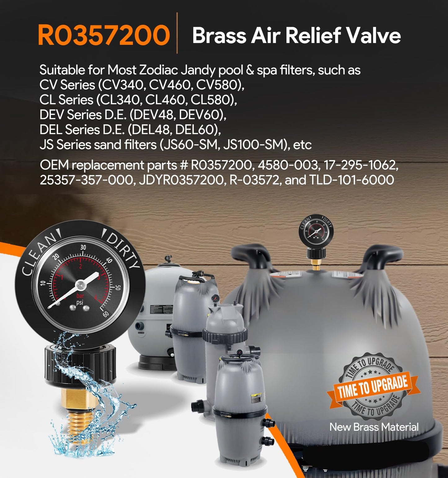 Upgrade R0357200 Brass Air Relief Valve with Pressure Gauge, Air Release Valve Replacement Parts for Zodiac Janay Pool and Spa Filters, CV & CL, DEV & DEL, JS Series