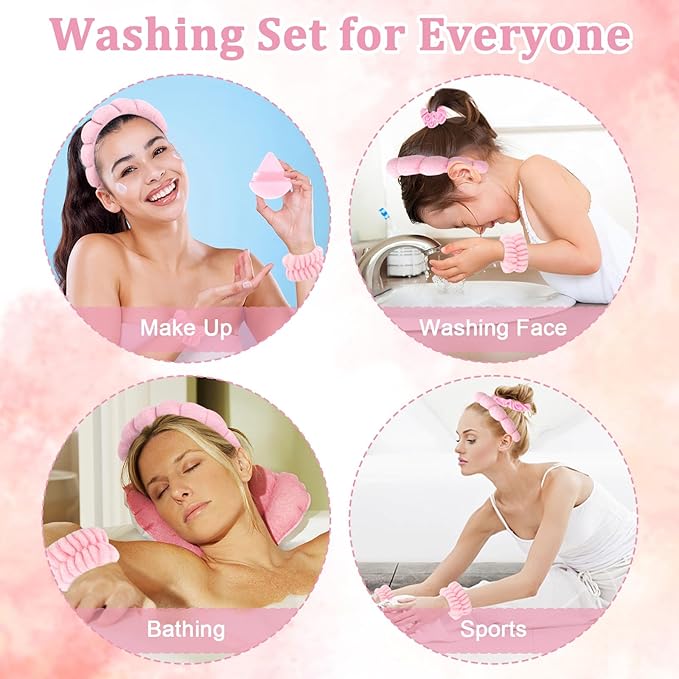 Spa Headband Set, 7Pcs Puffy Terry Cloth Headband and Wristband for Skincare, Makeup, Yoga, Shower, Spa Party, Sleepover Party, Pink