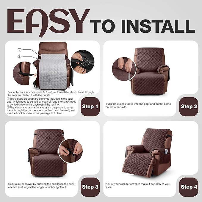KinCam 100% Waterproof Recliner Chair Cover, Reclining Couch Covers for Pets, Dogs, Recliner Couch Slipcover Furniture Protector with Elastic Straps for Kids(28", Coffee)