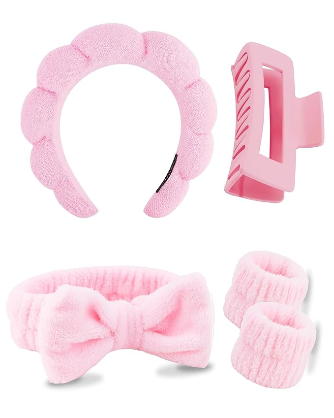 5 Pcs Spa Headbands for women and girls face washing, makeup, facial skin care, fluffy sponge SPA hairband bow hairband hairpin wristband set. (pink)