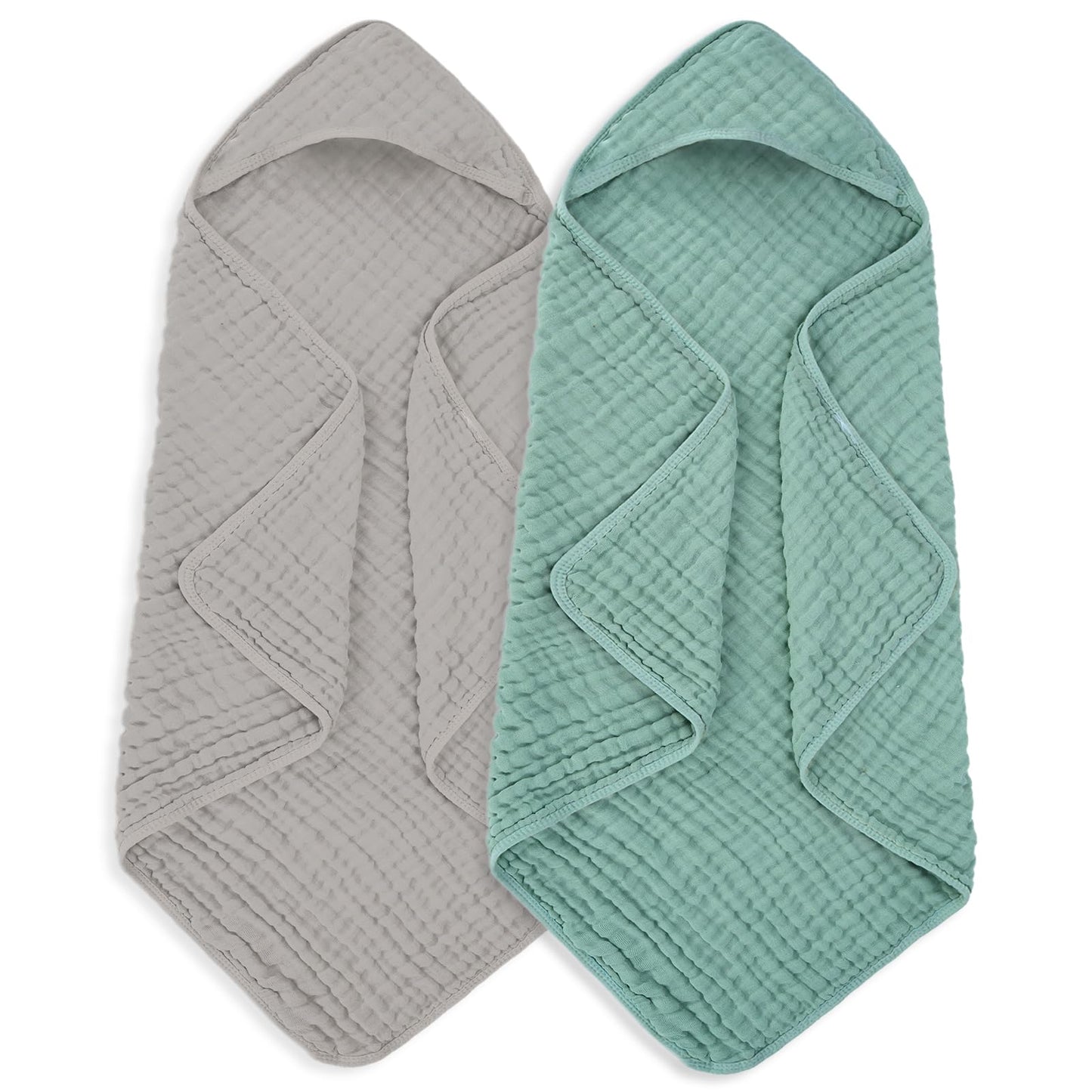MIGIOL Muslin Hooded Baby Towels 100% Cotton ，Super Soft Muslin Baby Bath Towel - 32 x 32 Inches, Suitable for Newborn and Young Children up to 3 Years Old. (Grey & Green)