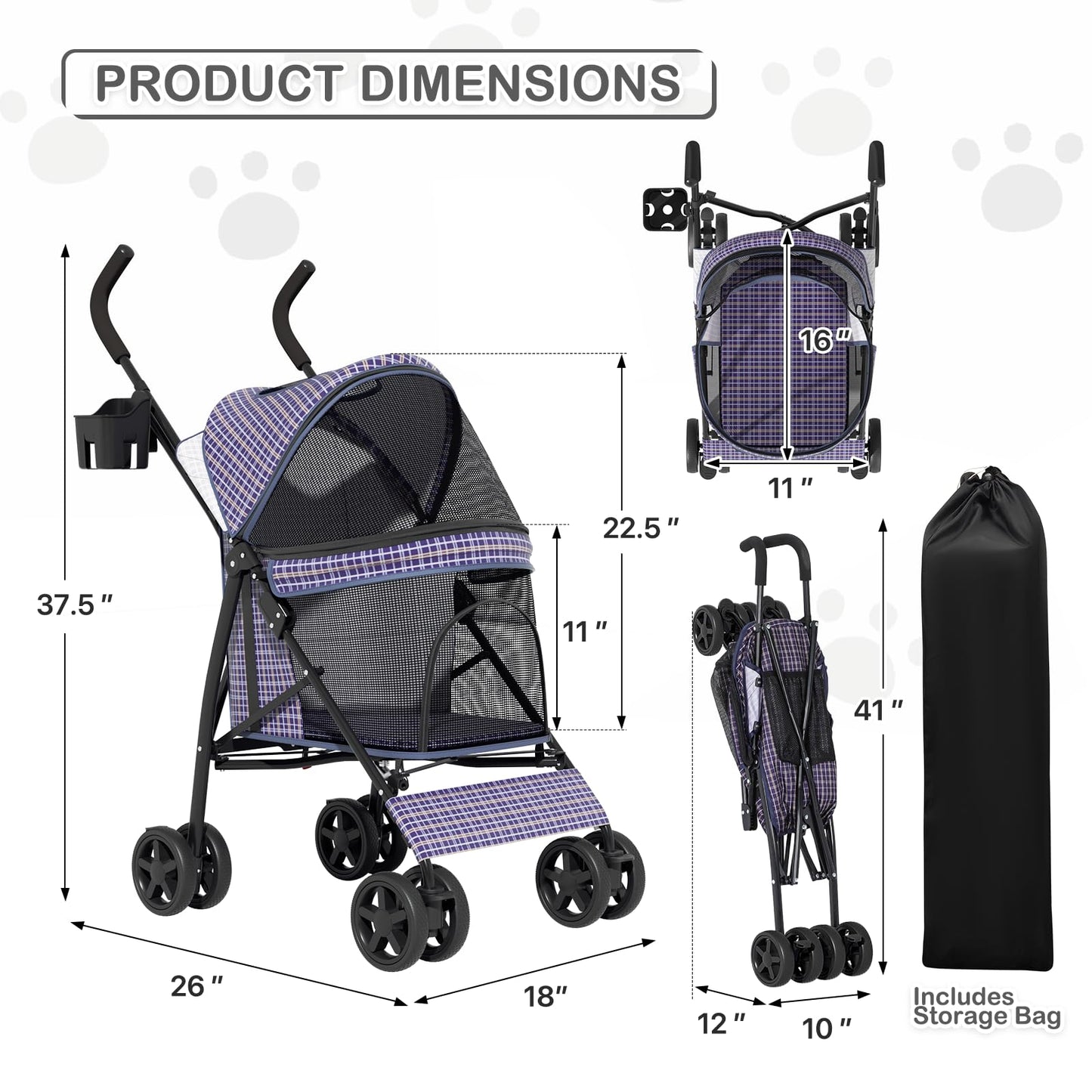 MoNiBloom 4 Wheels Pet Stroller, Easy-Fold Umbrella Shaped Dog Cat Jogger Stroller w/Storage Bag & Visible Mesh for Small/Medium Dogs Cats Plaid