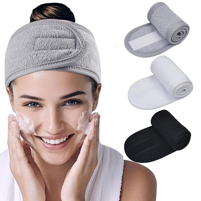 Spa Headband Velcro 3-Pack - Adjustable Terry Cloth Spa Headbands for Women, Facial Headband for Washing Face, Skincare, Makeup & Shower (Gray, White, Black)