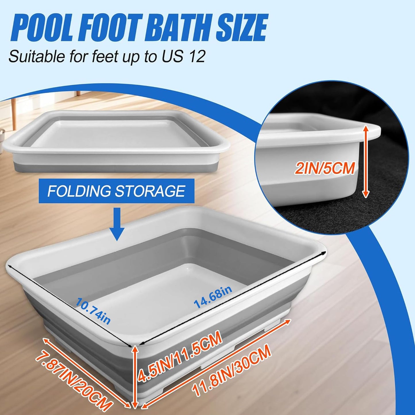 ESEHGS Pool Foot Bath Tray for Swimming Pool, Non- Slip Collapsible Foot Bath for Pool, Portable Foot Tub for Pool for Above Ground Pool Accessories, Rinse Feet Keep Pool Clean (Grey + White)