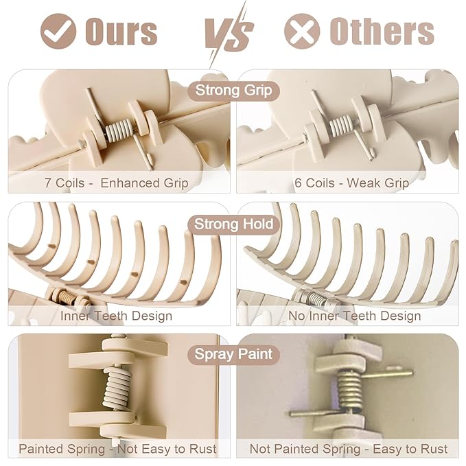 TOCESS Hair Claw Clips for Women - Large 8PK Neutral Matte Jumbo Square Hair Clips for Thick, Thin, Long, Short, Curly Hair Girls, Big Jaw Clip Set for Daily Use (Cream Beige)