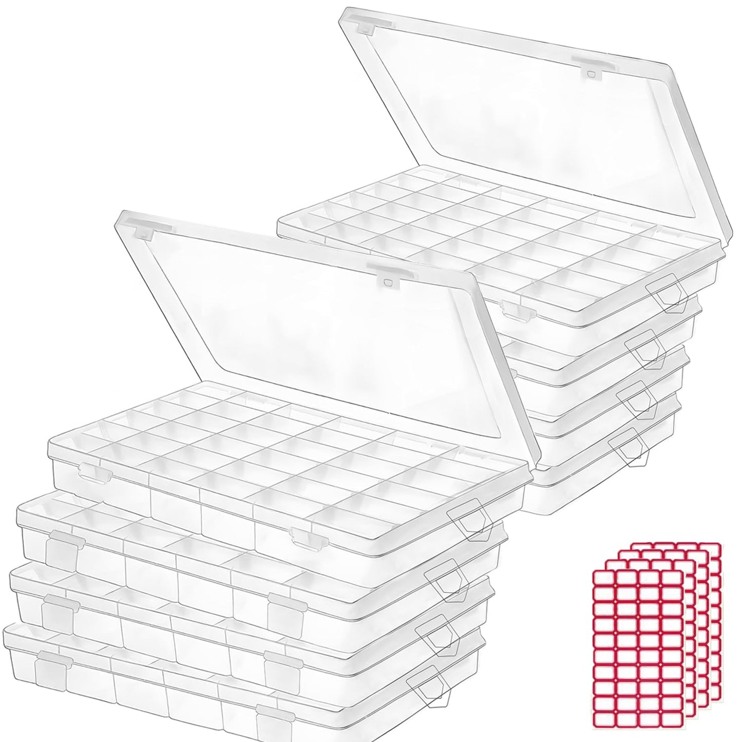 Budreu 8pack 36 Grids Plastic Clear Organizer Box bead Storage Containers with Adjustable Dividers for Craft Jewelry Fishing Tackles Parts Storage with 8 Sheets Label Stickers