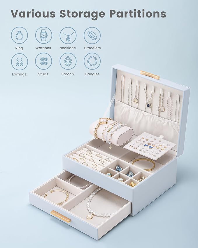 Lolalet 2-Layer Jewelry Box Organizer for Women Girls, Jewelry Storage Case Holder with Drawers for Necklaces Ring Earrings Bracelet Watch, Gifts for Galentines Valentines Girlfriend Wife -Blue