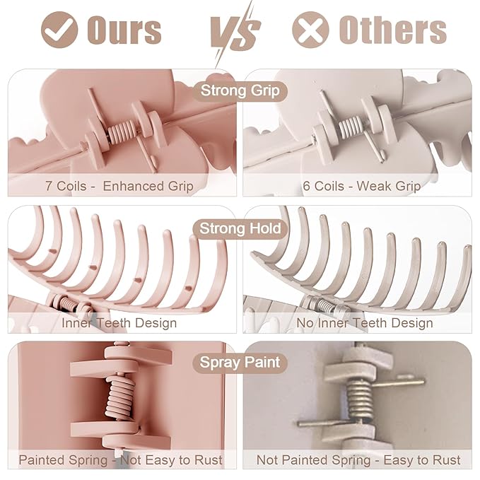 TOCESS Hair Claw Clips for Women - Large 8PK Neutral Matte Jumbo Square Hair Clips for Thick, Thin, Long, Short, Curly Hair Girls, Big Jaw Clip Set for Daily Use (Rosewater Pink)
