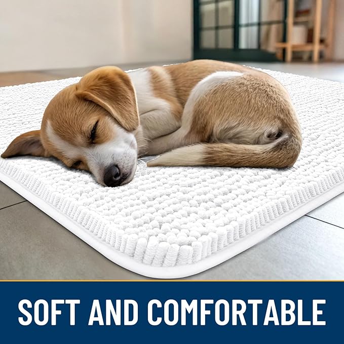 Smiry Dog Door Mat for Muddy Paws 70x24, Absorbs Moisture and Dirt Doormat, Non-Slip Washable Quick Dry Chenille Front Door Mat Indoor Entrance, Entryway Carpet for Inside Floor, White