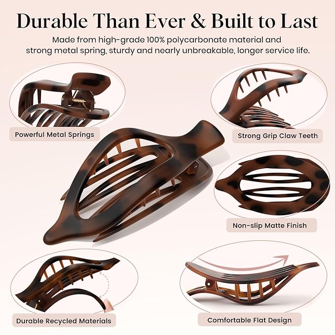 2 PCS Large Flat Hair Clips for Women, French Concord Lay Down Flat Claw Clips for Thick Thin Hair, Comfortable Curved Flat Clip, Matte Non-slip Strong Hold Hair Accessories, Tortoise & Black