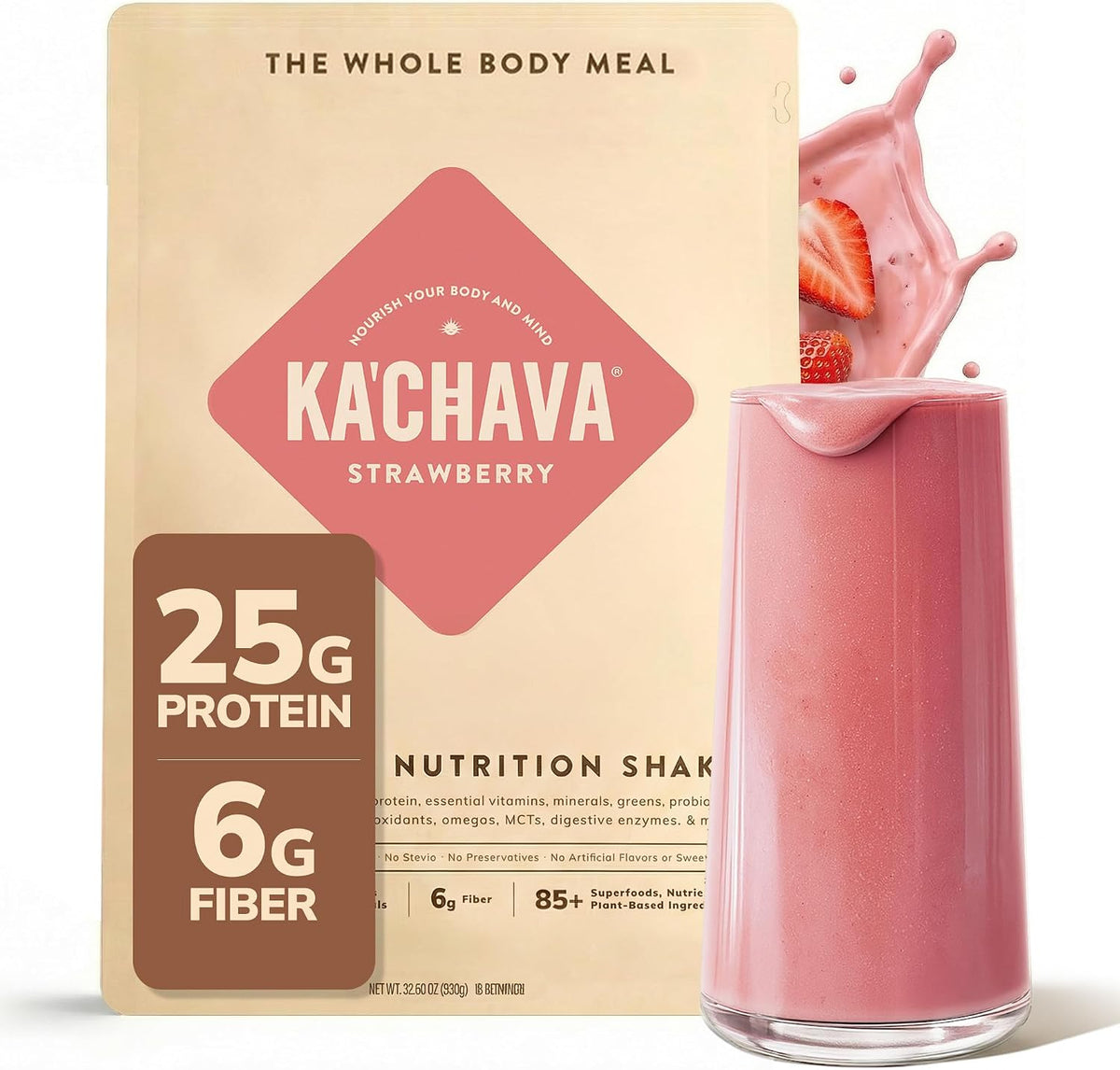 Ka’Chava All-In-One Nutrition Shake Blend, Strawberry, 15 Servings, 85+ Superfoods & Nutrients, Greens Plant-Based Powder Protein Drink, Digestive Enzymes & Probiotics, Vegan Dairy Gluten Free
