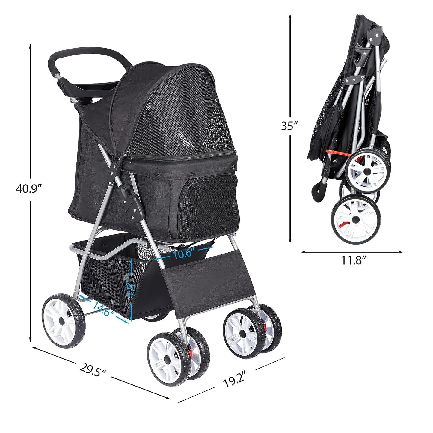 ZENY Foldable Pet Stroller, Cat/Dog Stroller with 4 Wheel, Pet Travel Carrier Strolling Cart with Storage Basket, Cup Holder (Black)