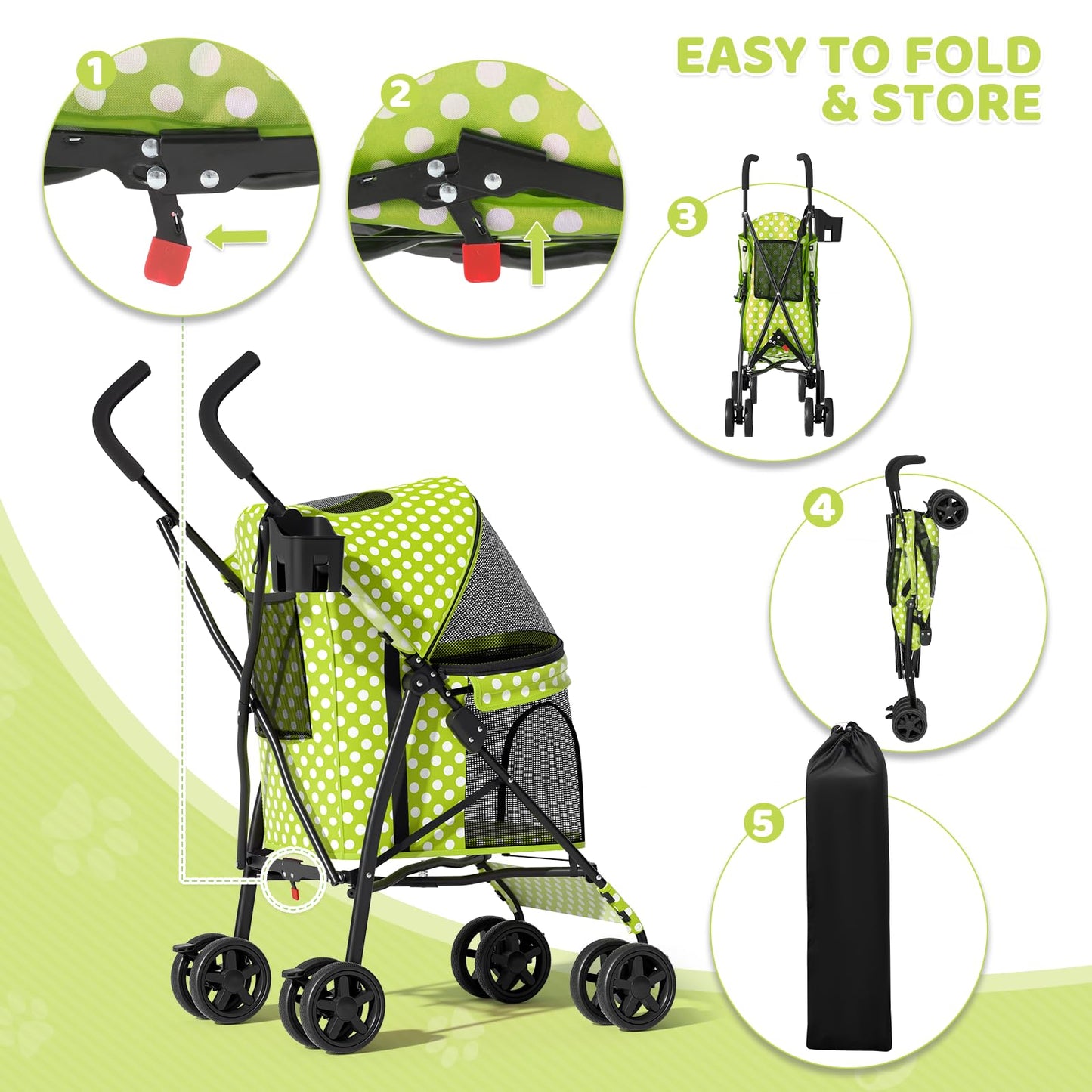 Magshion Compact Pet Stroller for Small-Medium Dogs/Cats up to 22lbs, 4-Wheel Lightweight Umbrella Shaped Portable Puppy Travel Jogger with Breathable Mesh, Cup Holder & Rear Storage, Lawn Green