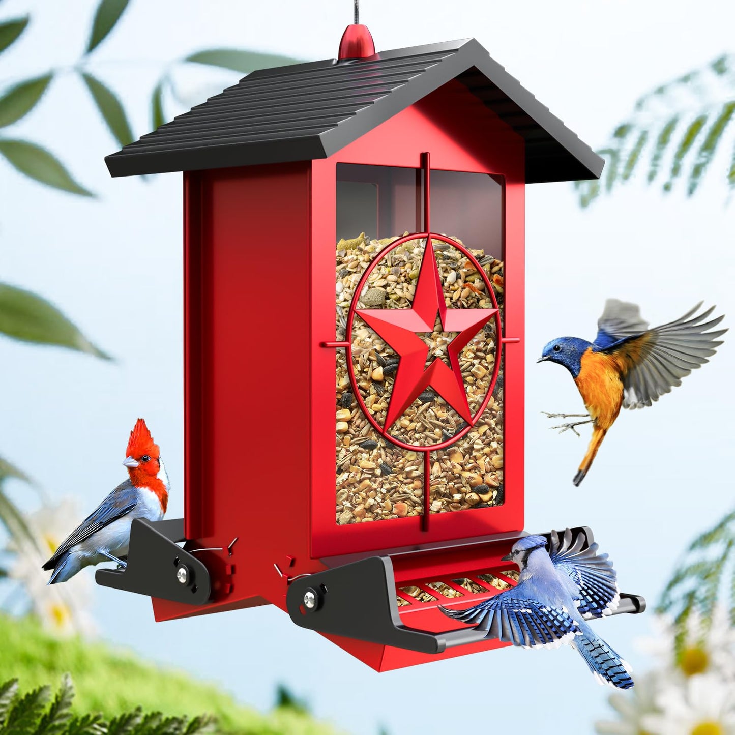 Squirrel Proof Bird Feeders for Outdoors with Weight-Activated, Metal 5LB Large Wild Bird Feeders for Cardinals,Blue Jay,Finch, Weatherproof Durable Hanging Bird Feeder for Backyard,Garden (Red)