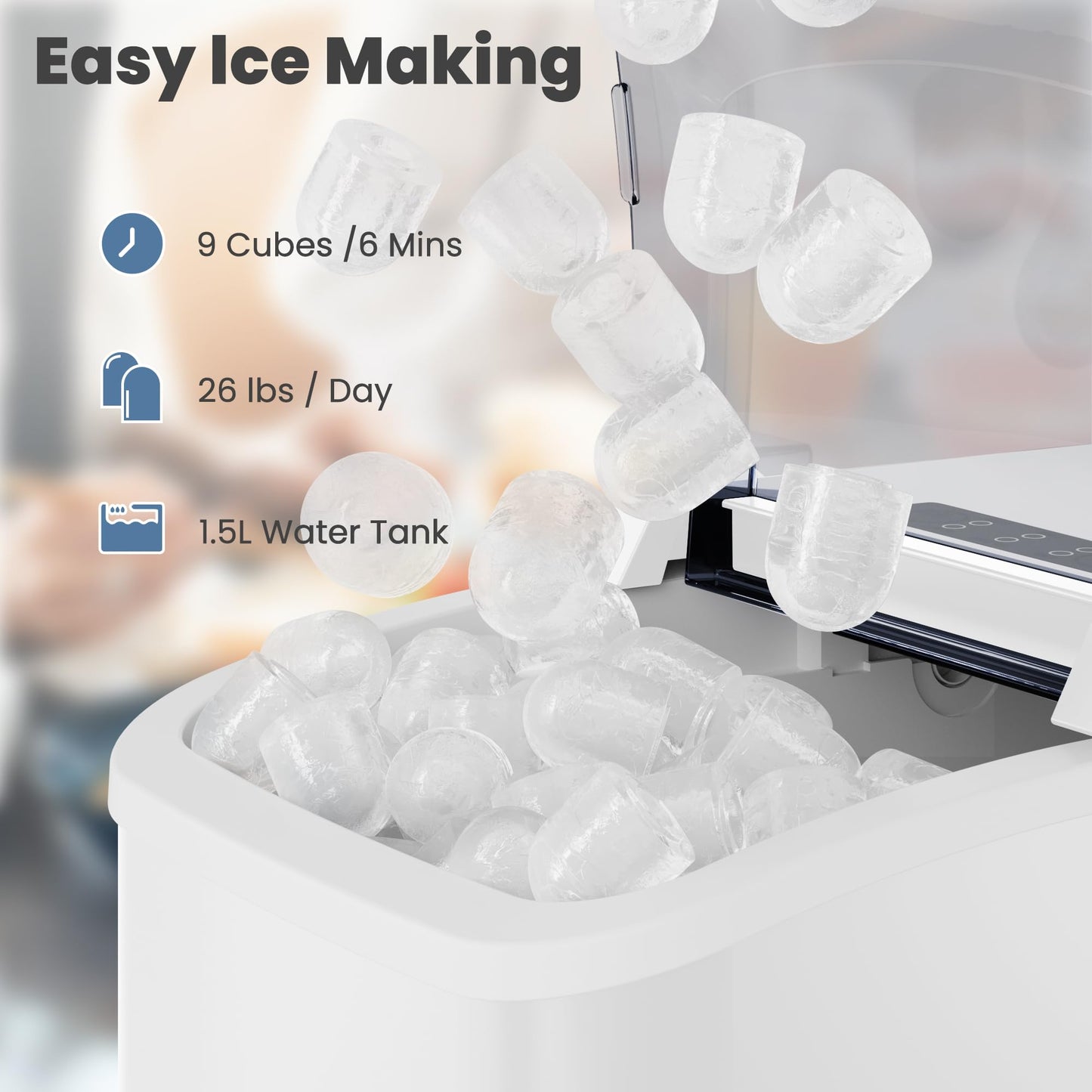 DUMOS Countertop Ice Maker with Handle, 26lbs/24H Portable Ice Machine, 9 Bullet Ice Cubes Ready in 6 Mins, Self-Cleaning, Quiet Compact Ice Maker for Home, Kitchen, RV, Camping, White