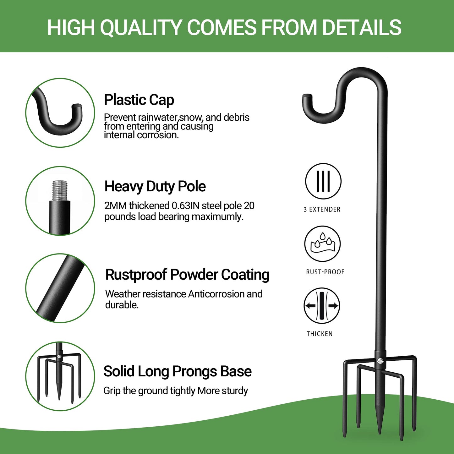 Surprizo 60" Shepherds Hooks for Outdoor, Extra Thick Bird Feeder Pole with 5 Prong Base, Adjustable Shepards Hook for Garden, Weddings, Hanging Plant