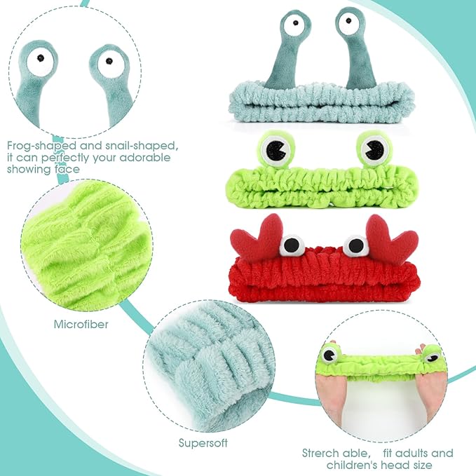 3 Pieces Face Wash Hairband Spa Headband Facial Makeup Hair Band Skincare Head Wraps Cartoon Elastic Head Band Cute Frog Snail Crab Creative Hair Accessories for Shower Beauty Sports