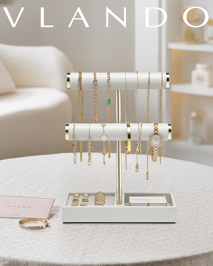 VLANDO 2 Tier Bracelet Holder with Tray - Leather Jewelry Stand Organizer for Women - Necklace Holder Display for Necklace, Watches, Rings, Earrings, Bangle, Scrunchie - White