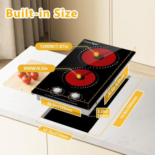 Cusinesync Portable Electric Cooktop 2 Burner 110V Plug in, 12 Inch 2000W Electric Stove Top with Knob Control, Countertop or Built-in Ceramic Hot Plate, for RV Dorm Apartment Kitchen Cooking