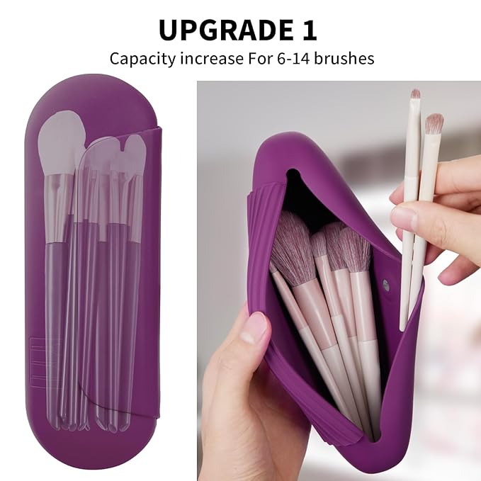 2 IN 1 Silicone Makeup Brush Holder with Beauty Make Up Sponge Holder Case：Soft Portable Cosmetic Face Brushes Holder with Upgrade Anti-Fall Out Magnetic Closure - Dark Pruple