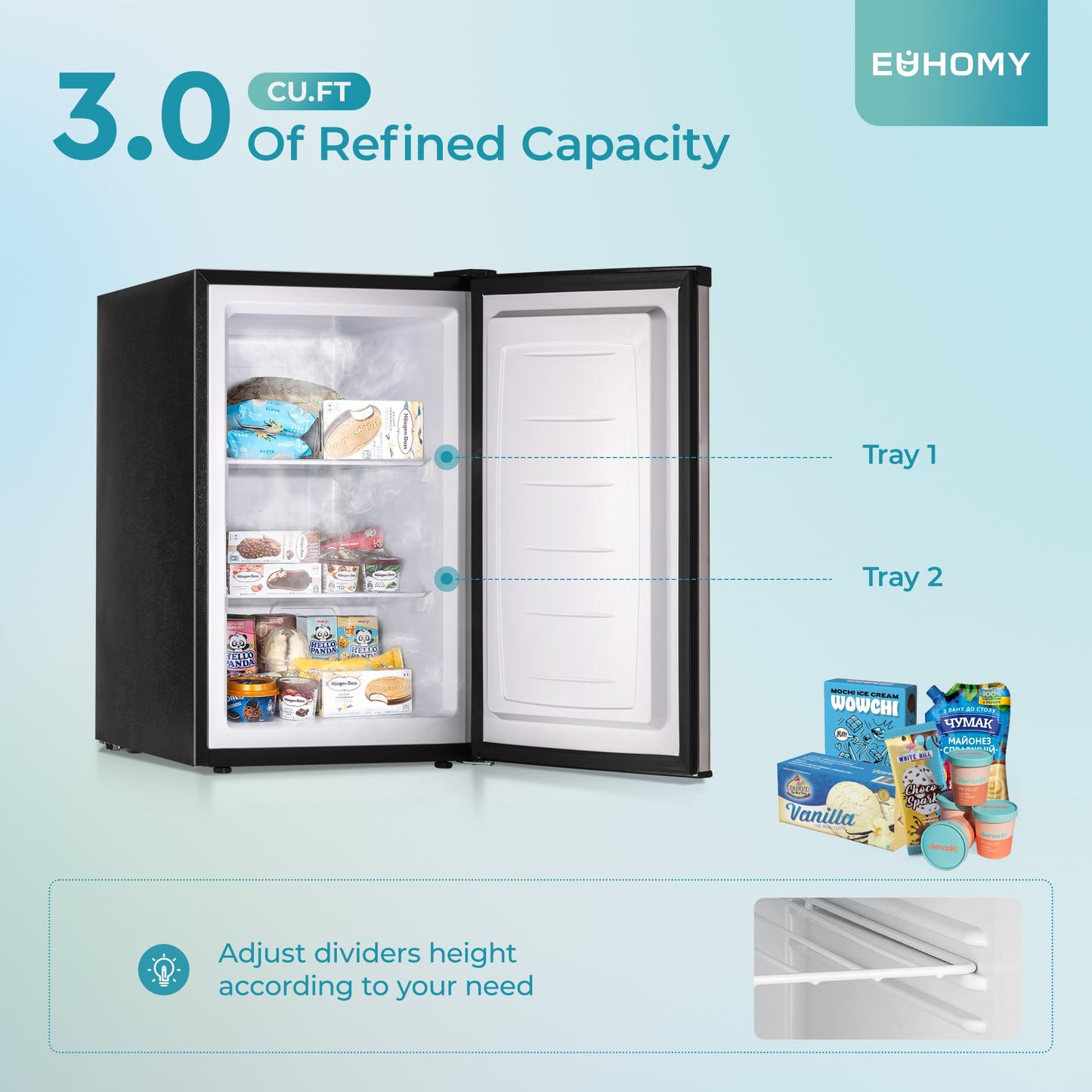 EUHOMY Upright freezer, 3.0 Cubic Feet, Single Door Compact Mini Freezer with Reversible Stainless Steel Door, Small freezer for Home/Dorms/Apartment/Office, Silver