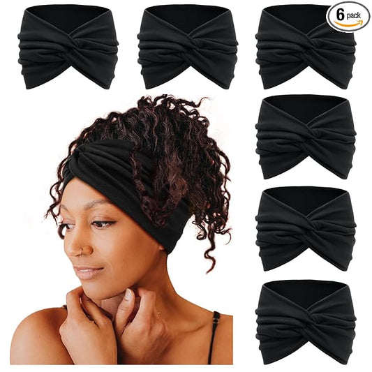 Tobeffect Wide Headbands for Women, 7'' Extra Large Black Turban Headband Twisted Knot Hairband Hair Accessories, 6 Pack