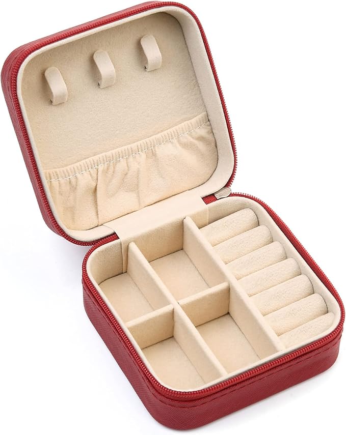 Mini Jewelry Travel Case, Small Travel Jewelry Organizer PU Leather, Portable Display Storage Box for Rings, Earrings, Necklaces (Red)
