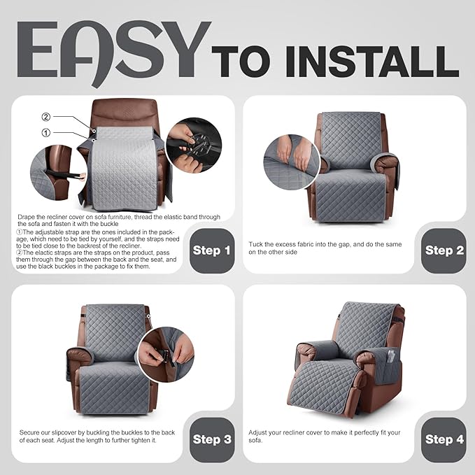 KinCam 100% Waterproof Recliner Chair Cover, Reclining Couch Covers for Pets, Dogs, Recliner Couch Slipcover Furniture Protector with Elastic Straps for Kids(30", Dark Gray)