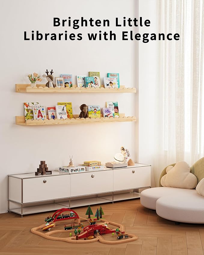 Shario Nursery Book Shelves, 4-Pack Wood Floating Shelves for Wall Kids, Scalloped Shelves, Wall Book Shelves for Bedroom Kids, Toddler Room, Baby Room, Nursery Decor(Wood, 36 Inches)