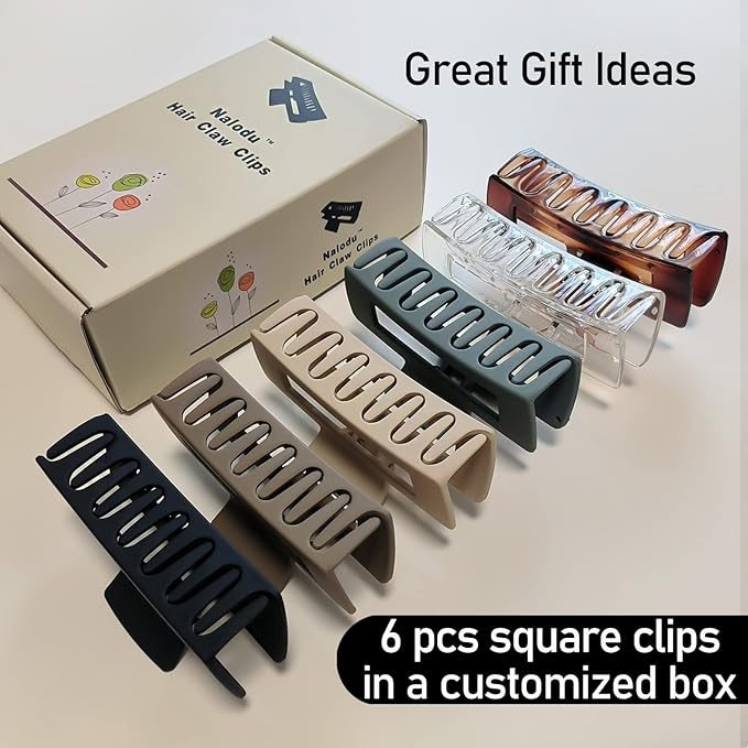 Rectangle Hair Claw Clips Large 4 Inch Matte Square Clear No Slip Big Jaw Clip Multi-Colored for Thick Hair Women, 6 Pack