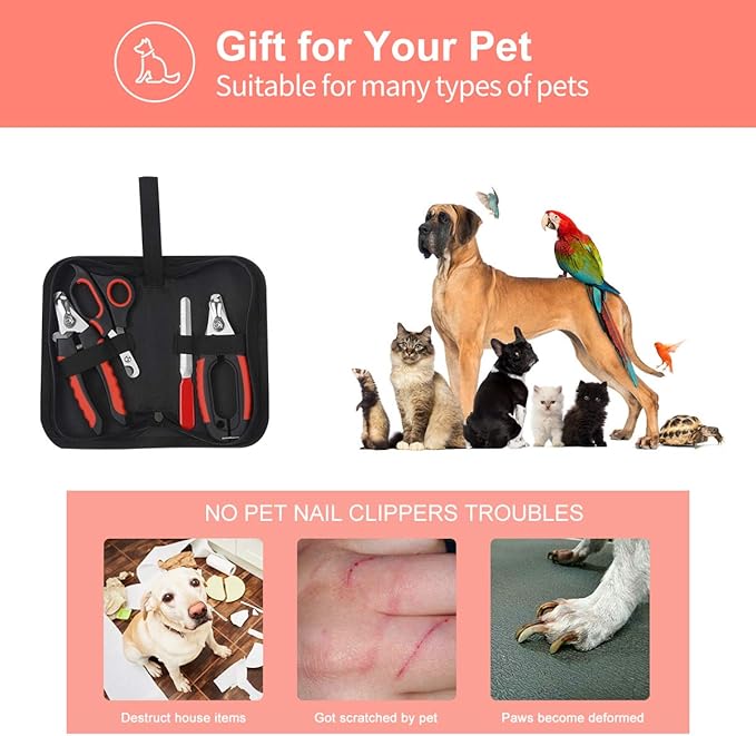 Dog Nail Clippers Trimmer Set, Quick Safety Guard to Avoid Over-Cutting, Stainless Steel Razor Sharp Blades, Sturdy Non-Slip Handles, Storage Case and Nail File, Professional Pet Grooming
