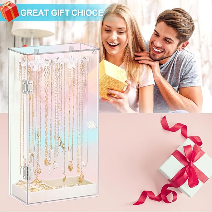 Cirhy Iridescent Acrylic Necklace Holder, Necklace Organizer with 24 Rotatable Hooks, Rainbow Jewelry Organizer Display Box with Velvet Tray for Long Necklaces Pendant Bracelets Rings Earrings