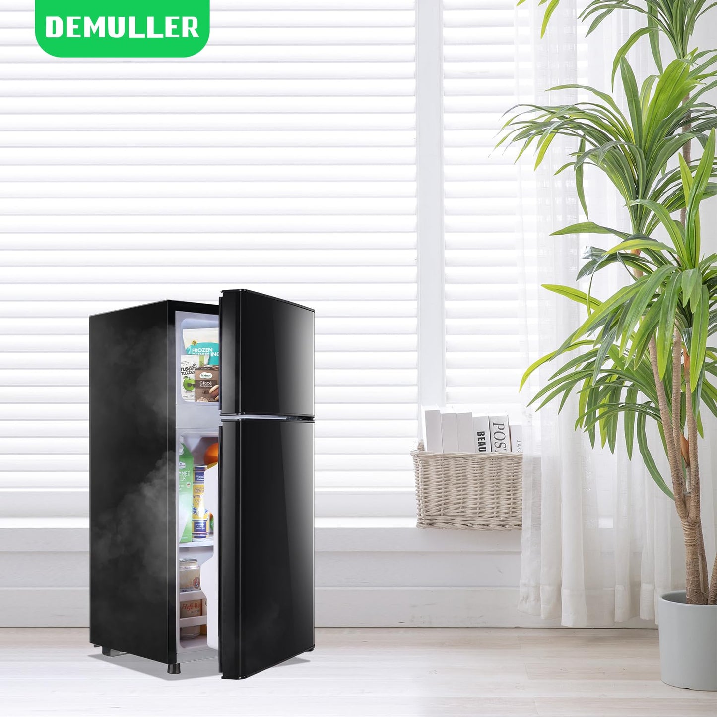 DEMULLER 2.4 Cu.Ft Mini Fridge with Freezer & Double Door Small Tiny Size Refrigerator with 7 Temperature Control Knob Only Suitable for One Person Use Black