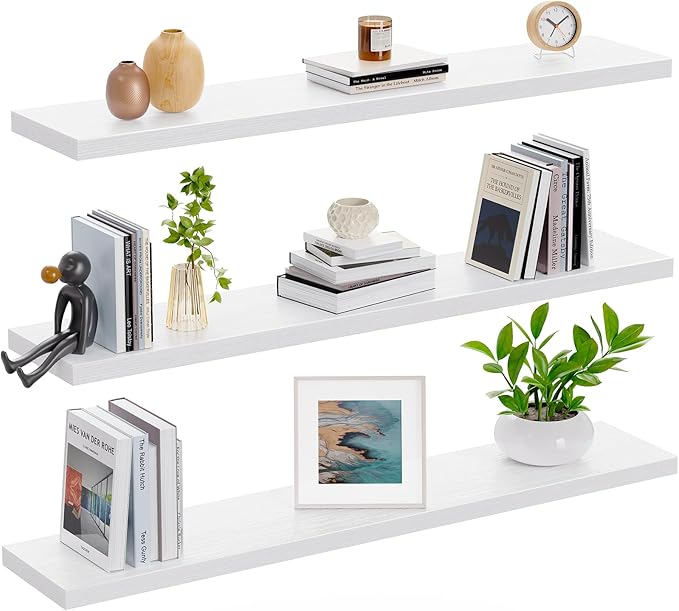 AMADA HOMEFURNISHING 35.4" L Floating Shelves, Wall Shelves Set of 3 for Bathroom/Living Room/Bedroom/Kitchen, White Floating Shelves for Wall Decor with Invisible Brackets - AMFS45W