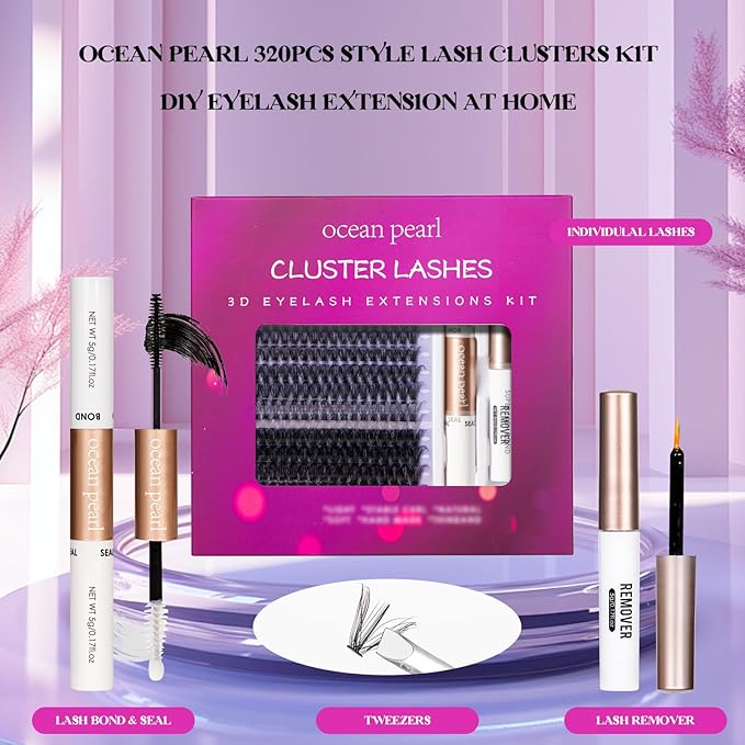 Ocean Pearl Lash Clusters 320pcs 11-20mm Lash Clusters Kit 40D+50D+100D Eyelashes, Lash Extension Kit,Lashes Clusters Eyelash Extensions Kit,Eyelash Clusters with lash adhesive+sealer+remover+Tweezers