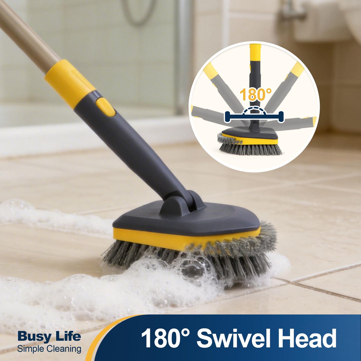 Yocada Tub Tile Scrubber Brush 2 in 1 Cleaning Brush Telescopic Pole Stiff Edge Bristles 4*Scouring Pads for Bathroom Shower Floor Corner Cleaning Non Scratch 58.2"