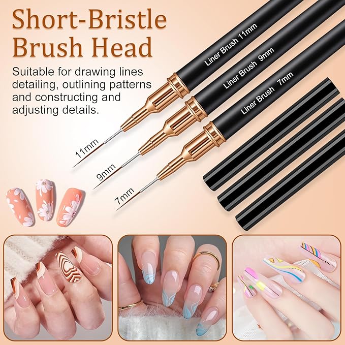 7PCS Metallic Nail Art Brushes Set, 7/9/11/15/25mm Liner Brush For Nails Gel, Super Fine Painting Art Design Pen for Long-Line Patterns, Detailed Outlines, Geometric Shapes (Black)