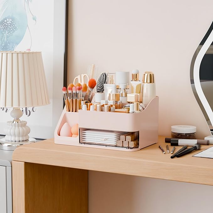 Yieach Countertop Makeup Organizers for Vanity,Bathroom,Dresser,Large Makeup Storage Organizer and Beauty Skincare Organizer,Plastic Makeup Holders and Organizers for Lotion,Hair Product & Tool,Pink