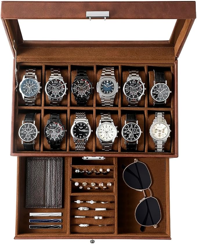 GUKA Watch Box, 12 Slot Watch Case, Watch Cases for men with Real Glass Lid, Synthetic Leather Watch Organizer storage with Jewelry Case, Birthday for Men and Women, Brown