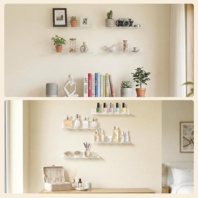 Lifewit Floating Shelves for Bathroom, Acrylic Wall Organizer for Perfume, Makeup, Figures, Nail Polish, Photo, Book, 14" Decor Display Rack for Nursery, Living Room, Bedroom, Kitchen, Clear, 4 Pack