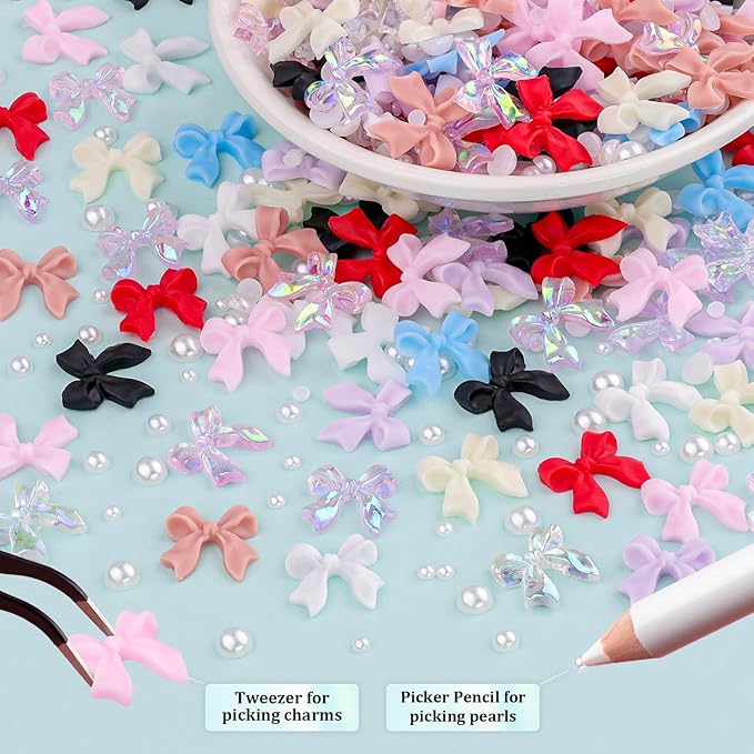 600 Pcs Bow Nail Charms and Flatback Pearls Set 2, 11 Colors Shiny Cute Bow Charms Nail Jewels and 2-4mm White Nail Pearls for Nail Art DIY Decoration with Pickup Tools