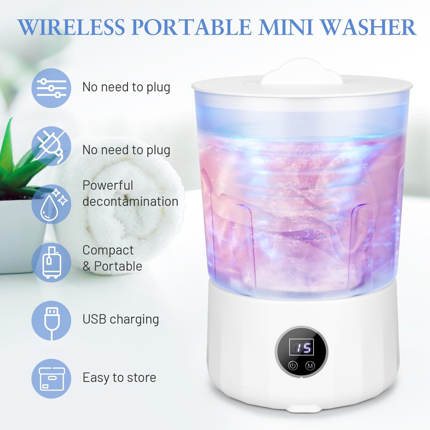 Underwear Washing Machine - Portable Rechargeable Mini Washing Machine w/ 1.5L Isolated Tubs, Bionic Hand-Wash Tech for Travel, Camping, Dorm | 3 Modes, 3000mAh