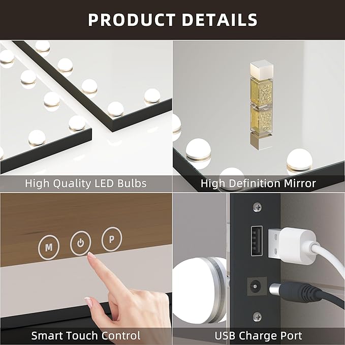 Vanity Mirror with Lights,Makeup Mirror with 17 Dimmable LED Bulbs, 3 Color Lighting Modes Detachable 10X Magnification Mirror Touch Control, 23.6X19,7 inch, Black