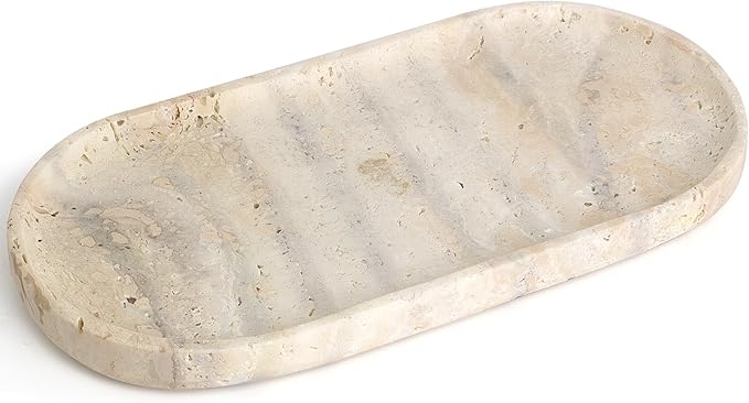 YMXYJM Genuine Real Natural Marble Tray for Bathroom, Luxury Ultra White Travertine Stone Vanity Tray, Decorative Oval Trays for Countertop Storage, Vanity, Dresser, Kitchen, Home Decor, 11.9"*5.8"