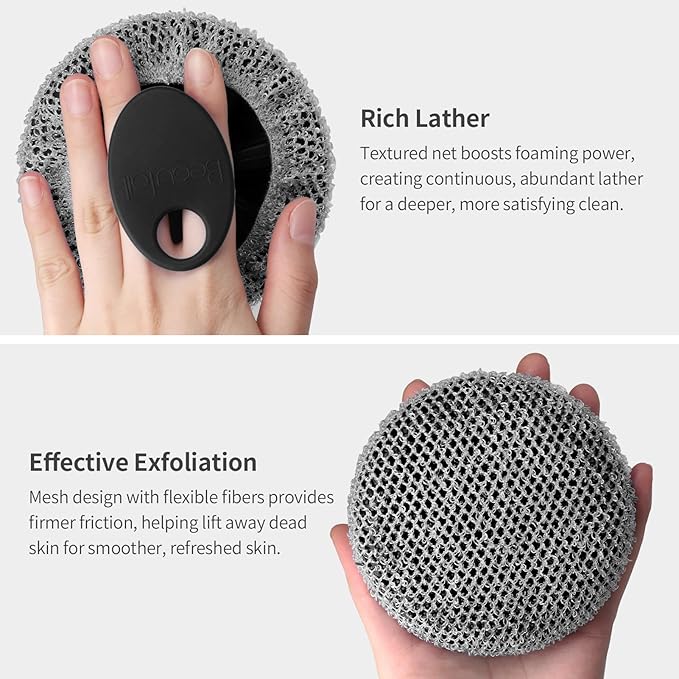 Silicone Body Scrubber with Scrub Net, BEAUTAIL 2 Pack – Rich Foam and Exfoliation with Gentle Brush or Firmer Net Options – Hygienic, Durable, Easy to Clean – 1 Shower Brush Black, 1 Scrub Net Gray