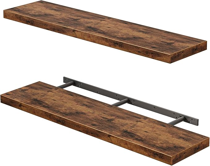 Fixwal Wall Shelves, 35.4" Long Heavy Duty Wall Mounted Rustic Wood Shelves for Living Room, Bedroom, Bathroom and Kitchen, Wall Shelves for Storage, Books, Room Decor (Rustic Brown, Set of 2)