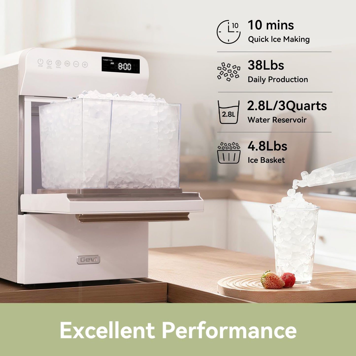 Gevi Nugget Ice Maker Countertop 40lbs/24H, Pebble Ice Machine with Programmable Timer,Self-CleaningChewable Pellet Ice for Home, Kitchen,Office,Gift